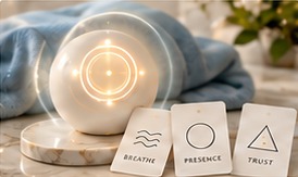 Breathing light, blanket and grounding reminder cards.