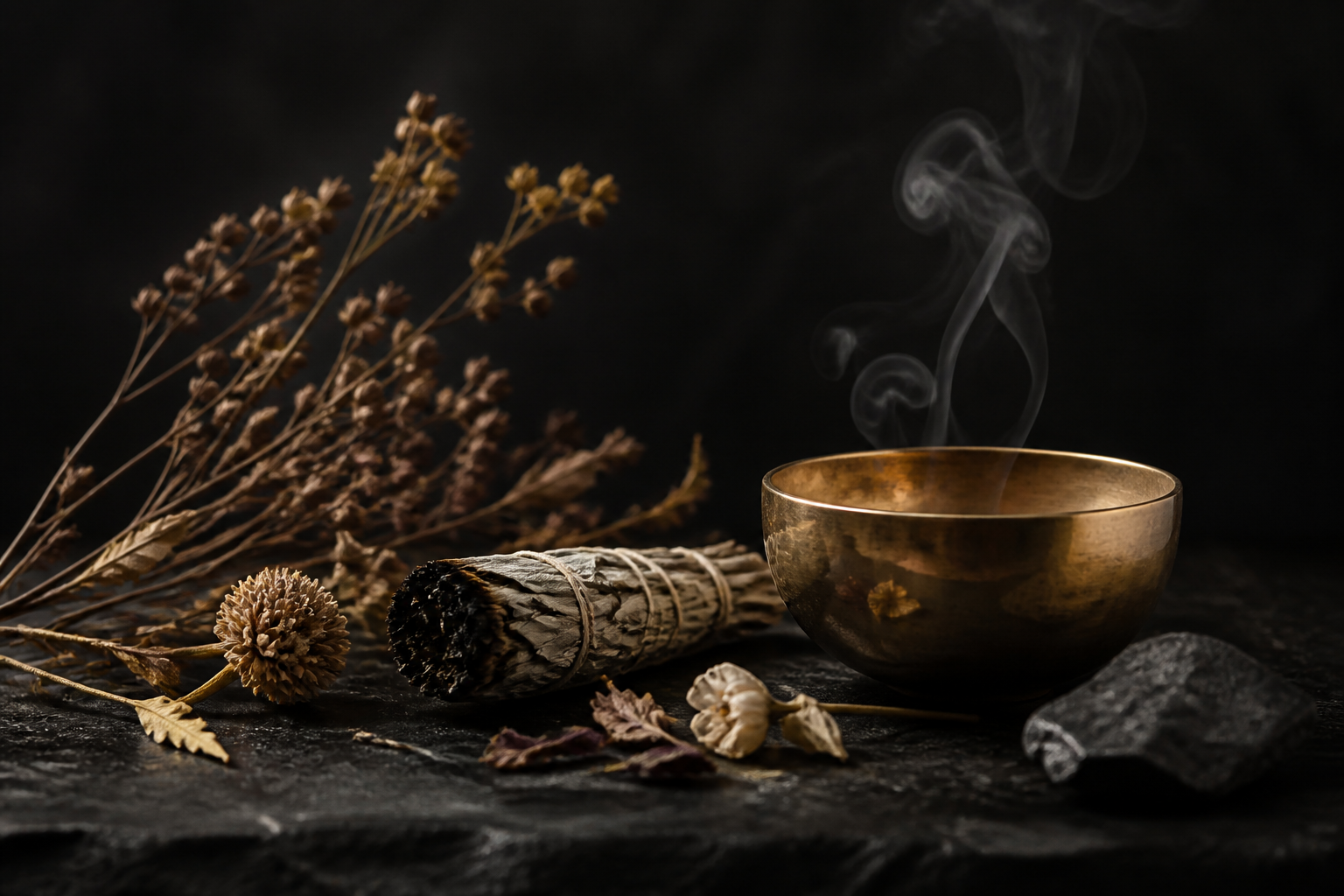 Sage, dried botanicals, and a singing bowl in soft candlelight