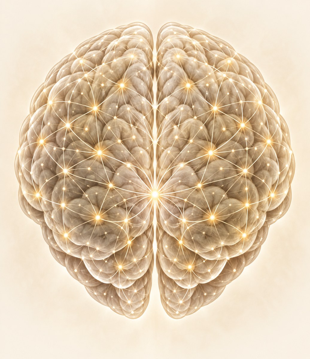 A symmetrical brain viewed from above, glowing with an interconnected neural network
