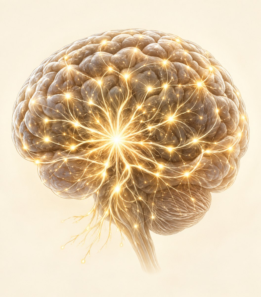 A warm illuminated brain with a radiating golden neural network