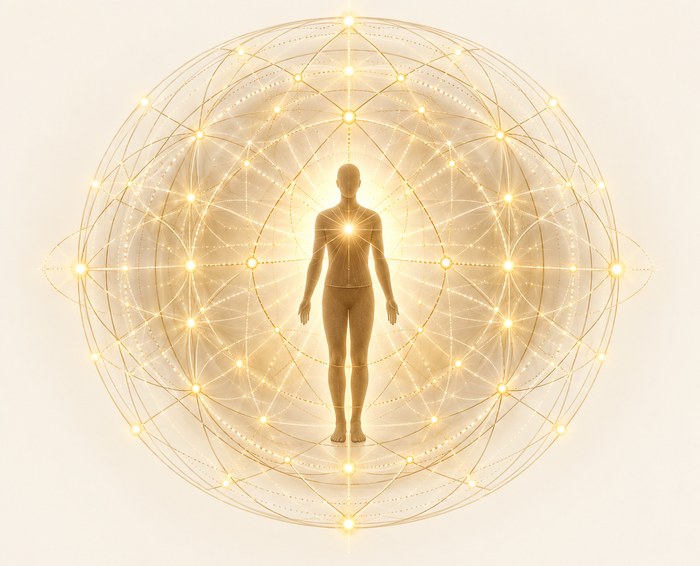 A glowing human figure within a sacred-geometry sphere of light