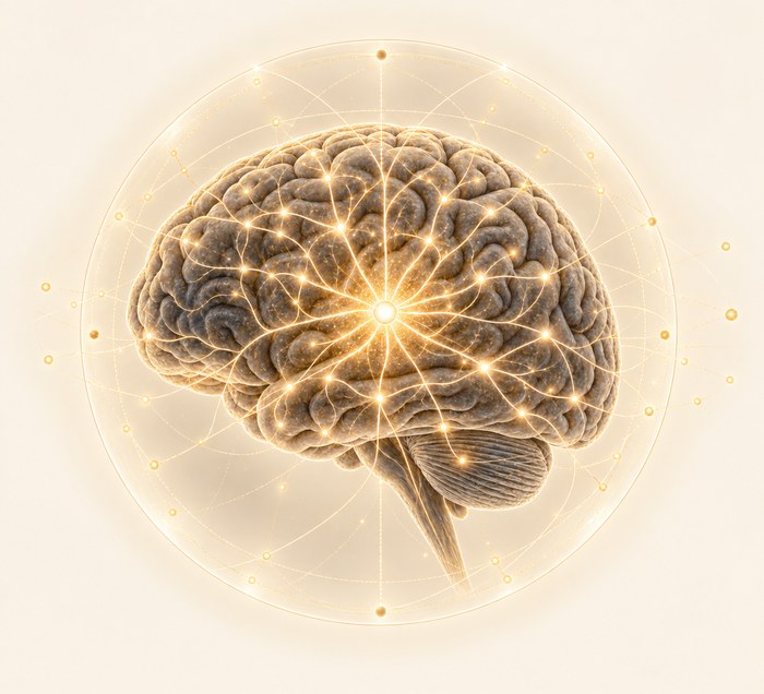 A glowing brain encircled by sacred-geometry light lines