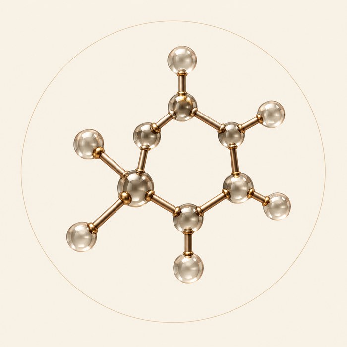 A golden molecule model within a thin circular frame