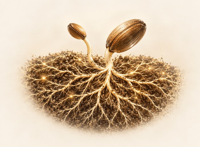 A sprouting seed with a glowing golden root network