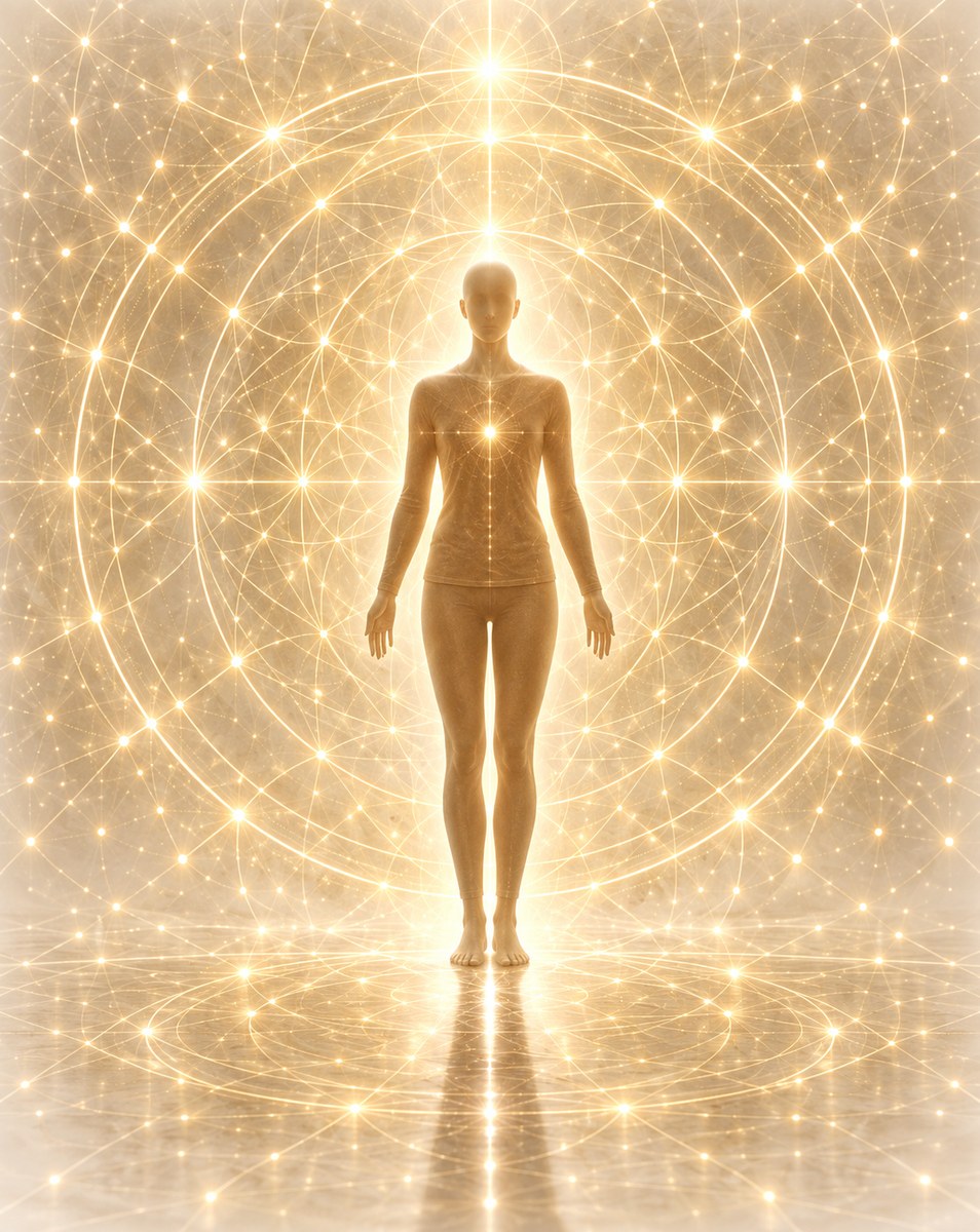 A glowing figure standing within a radiant sacred-geometry web of light