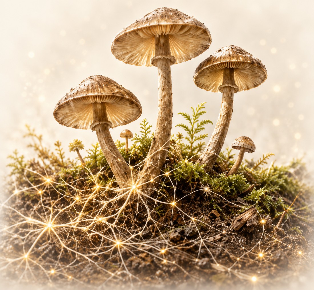Mushrooms growing from moss with a glowing golden root network