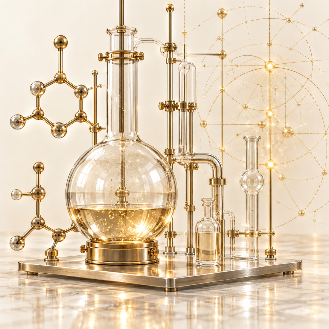 A glowing chemistry flask and glassware beside molecule models and sacred-geometry light patterns