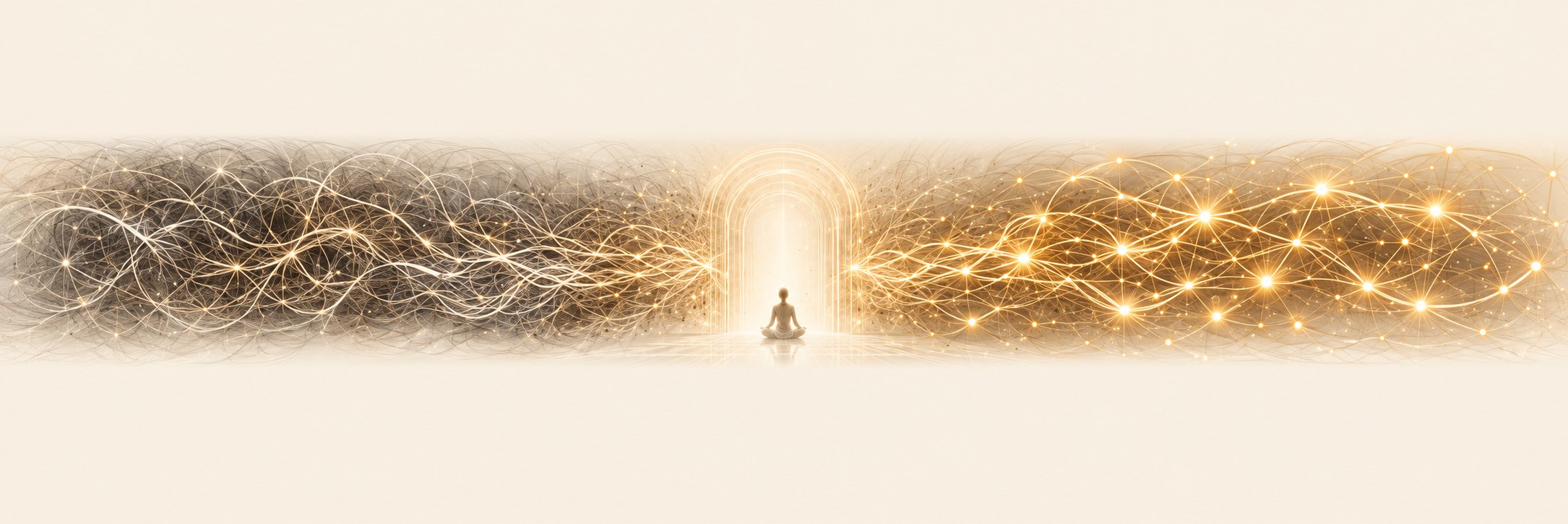 A meditating figure seated in a glowing archway, chaotic dark threads on one side resolving into an ordered golden light network on the other