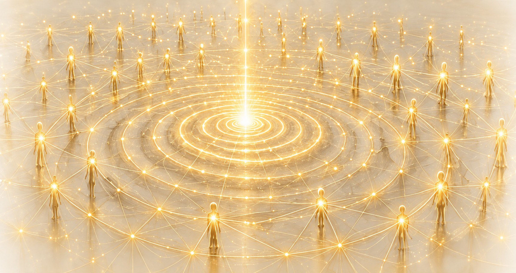 Golden connected figures standing in concentric ripple rings radiating from a central point of light