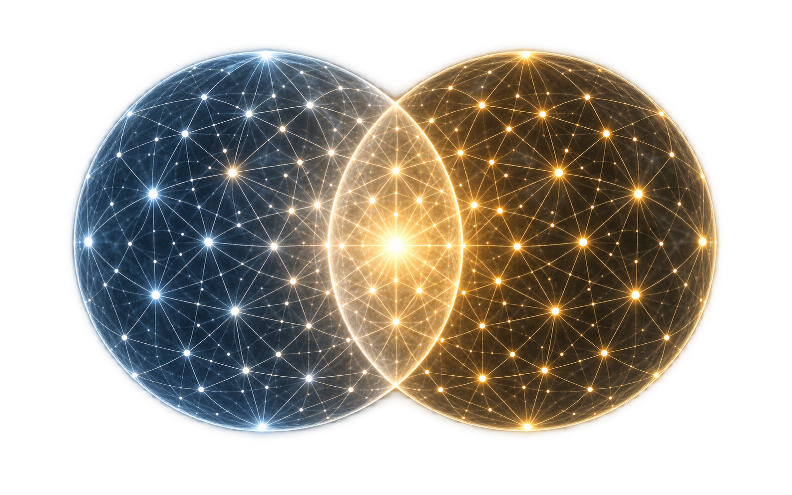 Two overlapping glowing spheres of interconnected light, one cool-toned and one gold