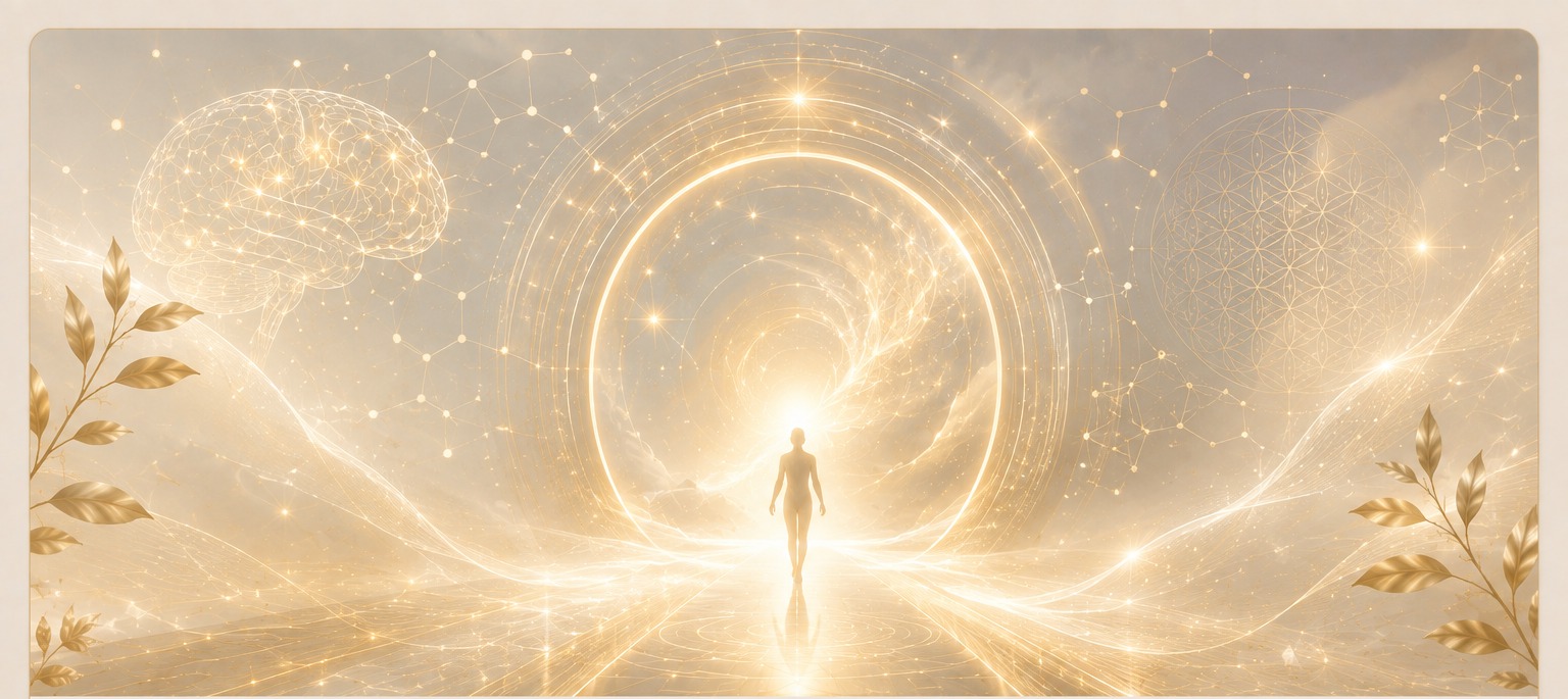 A person entering a luminous sacred doorway