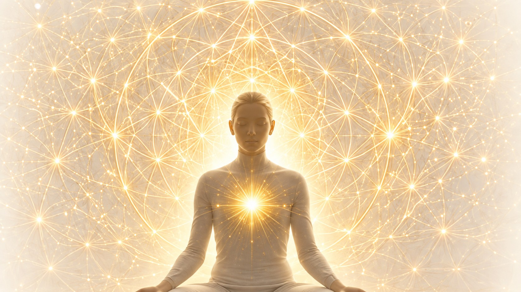 A meditating figure radiating a golden Flower of Life light network from the heart