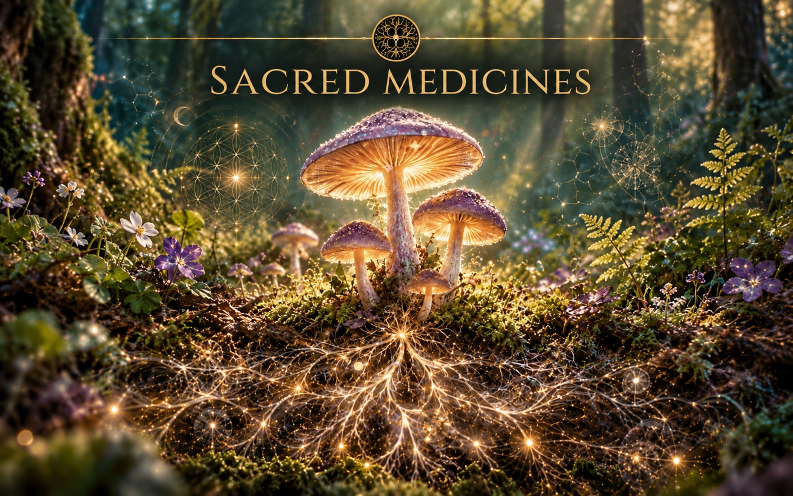 Glowing mushrooms on a mossy forest floor, with golden root-like light spreading beneath them and wildflowers all around.