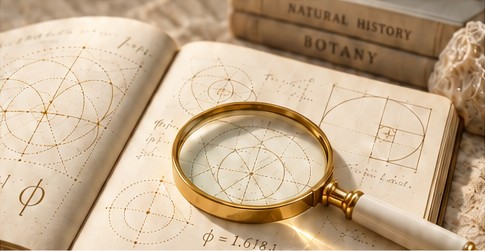 An open journal of geometric diagrams beneath a gold-rimmed magnifying glass