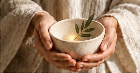 Hands gently holding an ivory bowl with a small botanical sprig