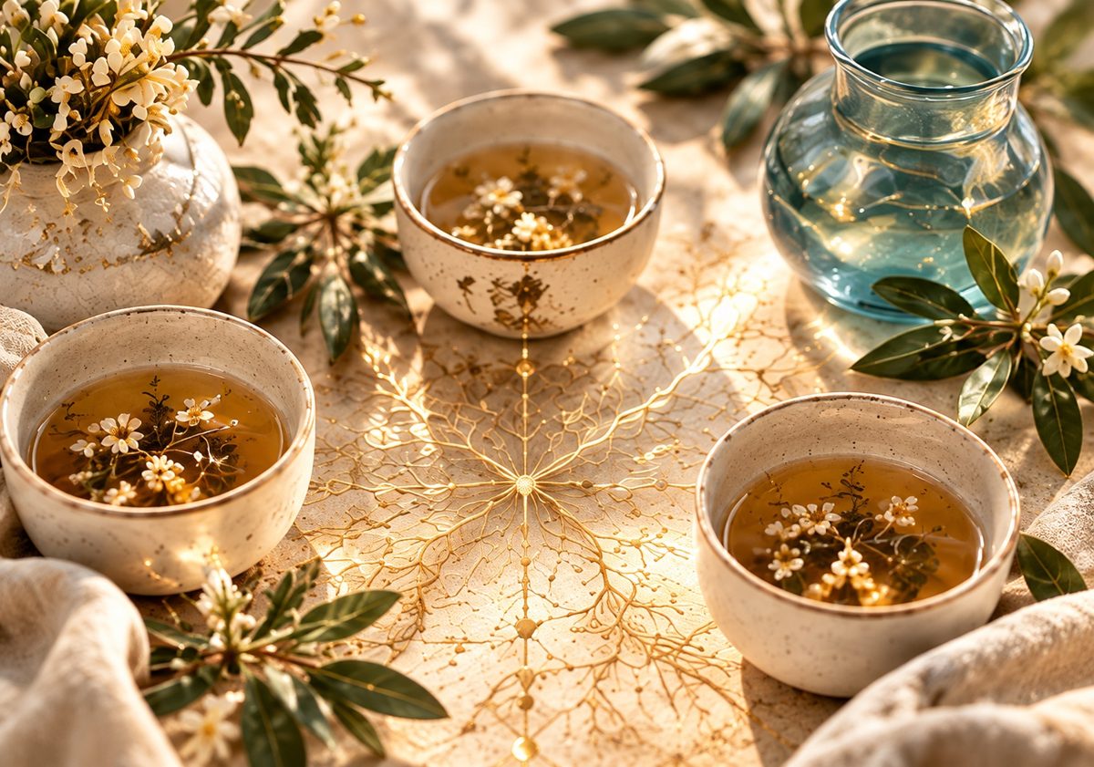 Ceramic tea cups arranged together among foliage and fine gold connecting patterns.